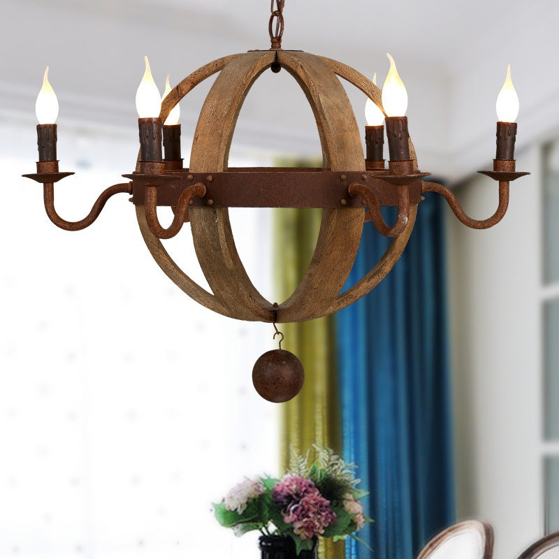 Contemporary Retro Round Ball Wood Iron Hardware 6 - Light Chandelier For Dining Room