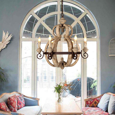 Traditional European Gourd Shape Solid Wood Iron 6 - Light Chandelier For Dining Room