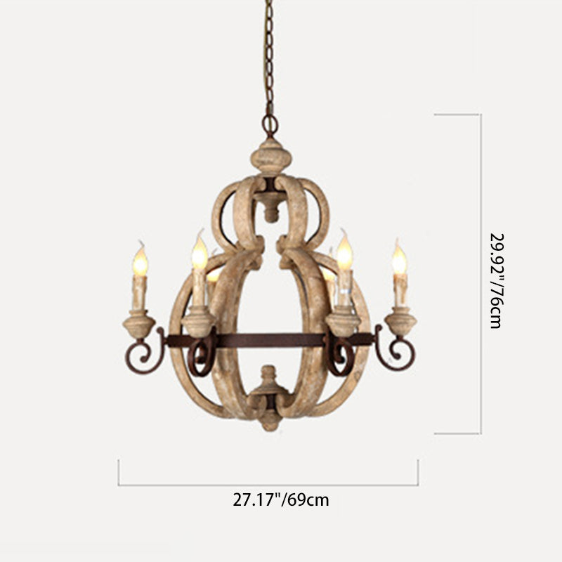 Traditional European Gourd Shape Solid Wood Iron 6 - Light Chandelier For Dining Room