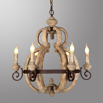 Traditional European Gourd Shape Solid Wood Iron 6 - Light Chandelier For Dining Room