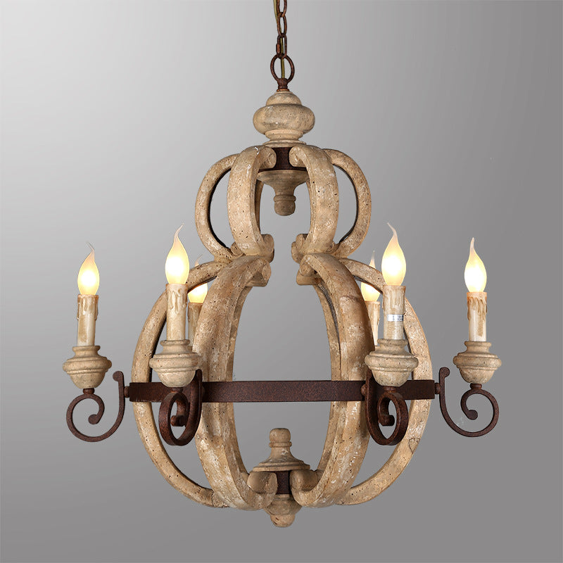 Traditional European Gourd Shape Solid Wood Iron 6 - Light Chandelier For Dining Room