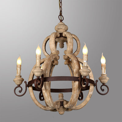 Traditional European Gourd Shape Solid Wood Iron 6 - Light Chandelier For Dining Room