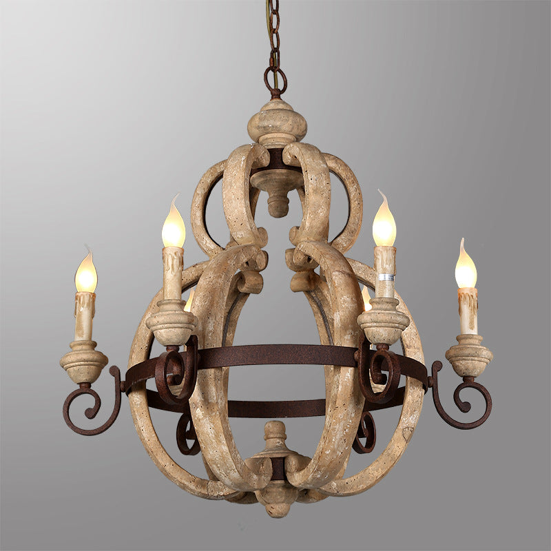 Traditional European Gourd Shape Solid Wood Iron 6 - Light Chandelier For Dining Room