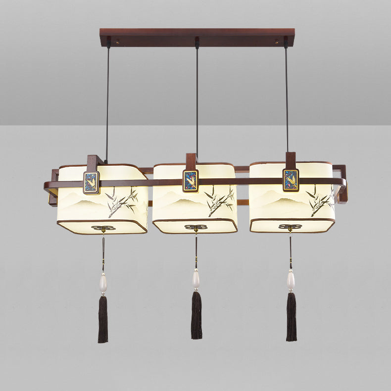 Traditional Chinese Square Lantern Shape Oak Copper PVC LED Chandeliers For Dining Room