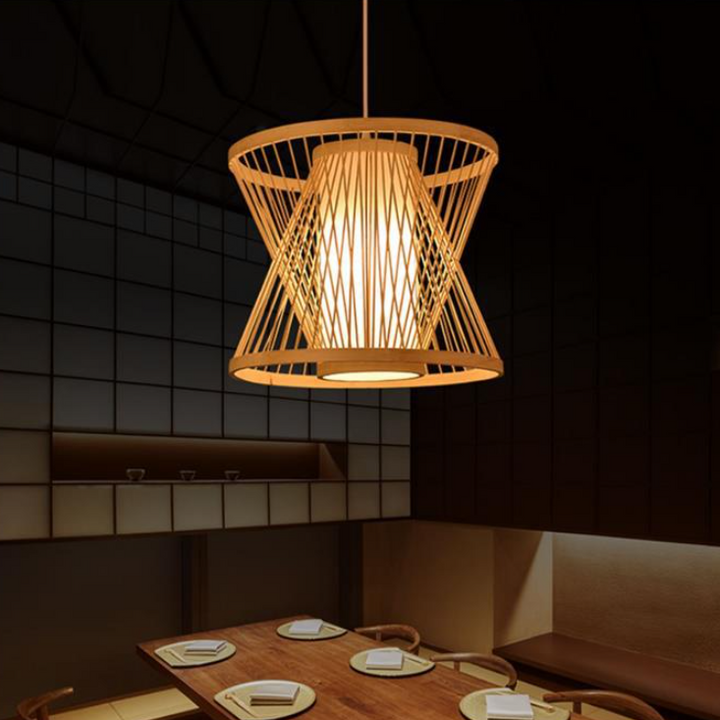 Lámpara colgante de bambú y hierro trapezoidal con cúpula china tradicional empalmada de 1 luz para comedor 
