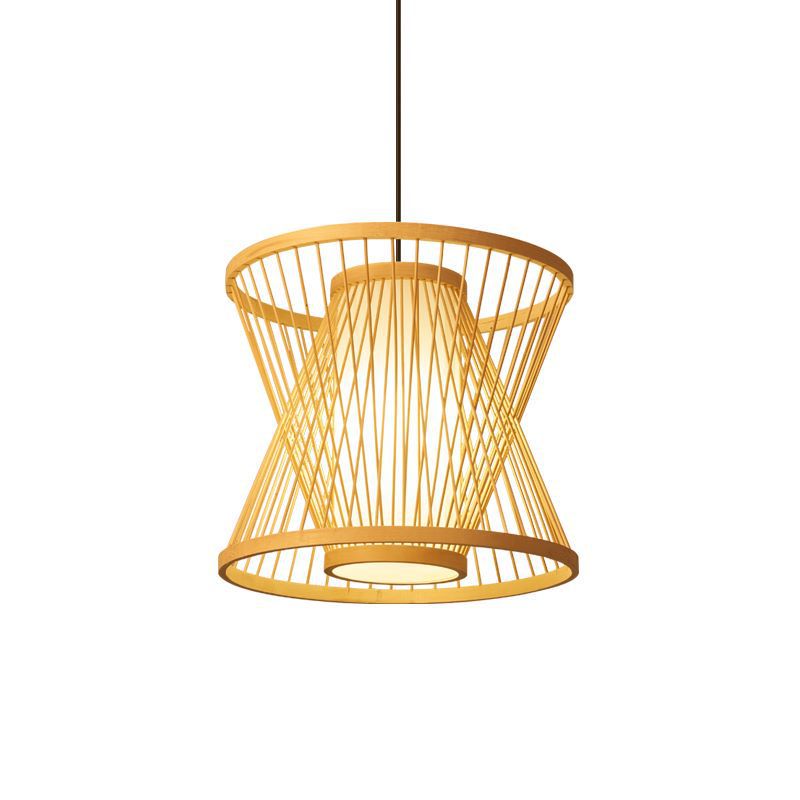 Lámpara colgante de bambú y hierro trapezoidal con cúpula china tradicional empalmada de 1 luz para comedor 
