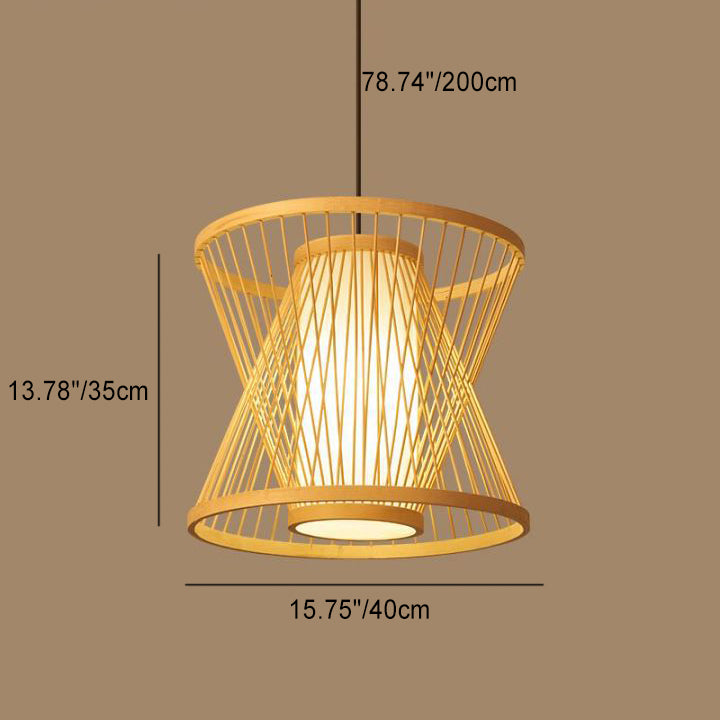 Lámpara colgante de bambú y hierro trapezoidal con cúpula china tradicional empalmada de 1 luz para comedor 