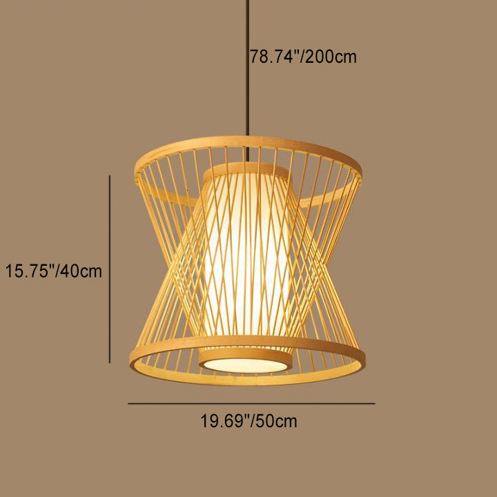 Lámpara colgante de bambú y hierro trapezoidal con cúpula china tradicional empalmada de 1 luz para comedor 