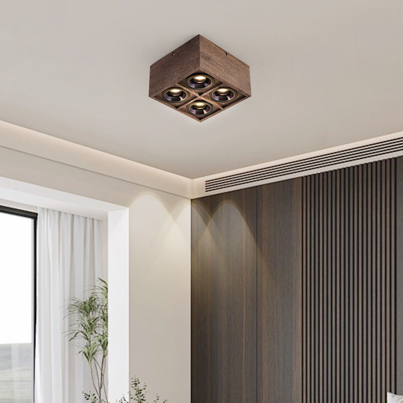 Luz de techo empotrada LED de cubo cuadrado de simplicidad moderna de aluminio y nogal para sala de estar 