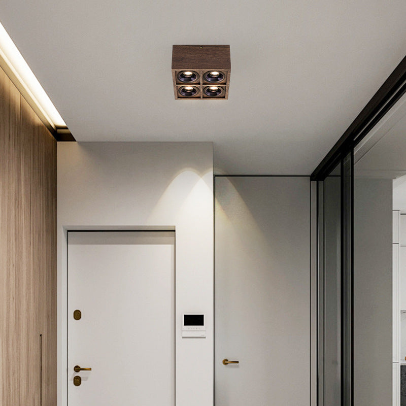 Luz de techo empotrada LED de cubo cuadrado de simplicidad moderna de aluminio y nogal para sala de estar 