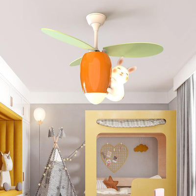 Contemporary Creative Carrot Rabbit Three Fan Blades PE Copper Iron LED Downrods Ceiling Fan Light For Bedroom