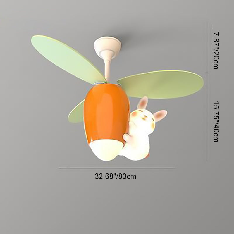 Contemporary Creative Carrot Rabbit Three Fan Blades PE Copper Iron LED Downrods Ceiling Fan Light For Bedroom