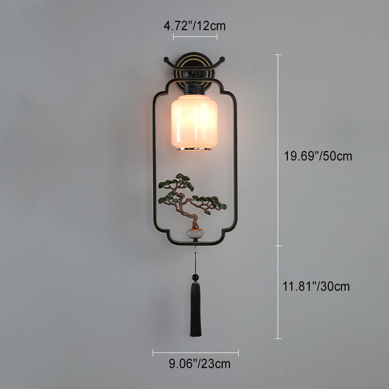 Applique murale en verre à 1 lumière avec pin de bienvenue chinois traditionnel et cerf sika en fer pour salon 