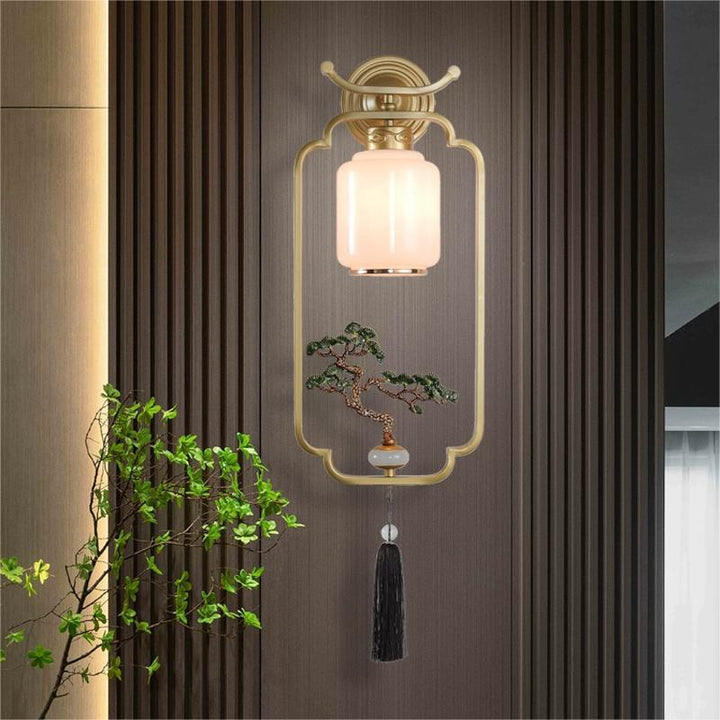 Applique murale en verre à 1 lumière avec pin de bienvenue chinois traditionnel et cerf sika en fer pour salon 