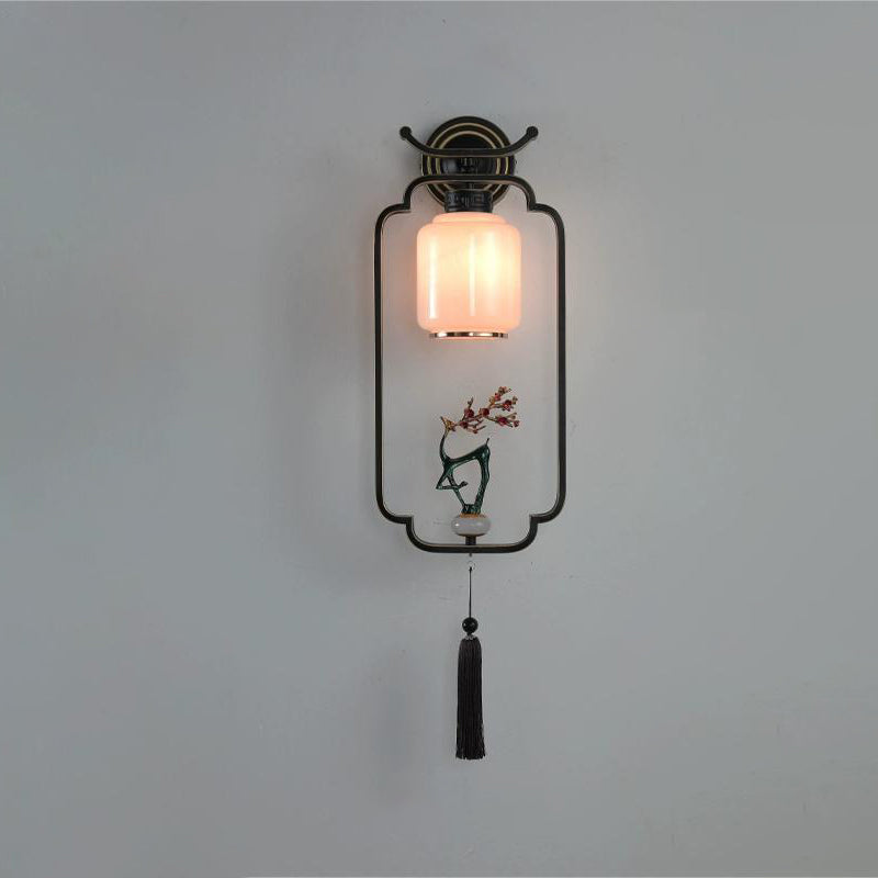 Applique murale en verre à 1 lumière avec pin de bienvenue chinois traditionnel et cerf sika en fer pour salon 
