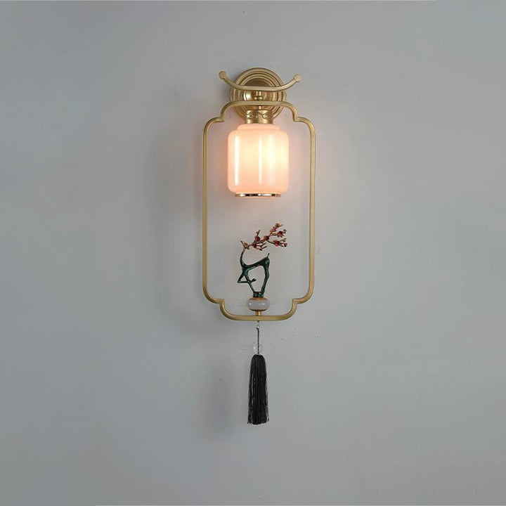 Applique murale en verre à 1 lumière avec pin de bienvenue chinois traditionnel et cerf sika en fer pour salon 