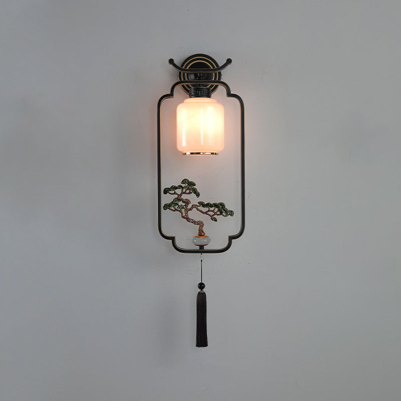 Applique murale en verre à 1 lumière avec pin de bienvenue chinois traditionnel et cerf sika en fer pour salon 