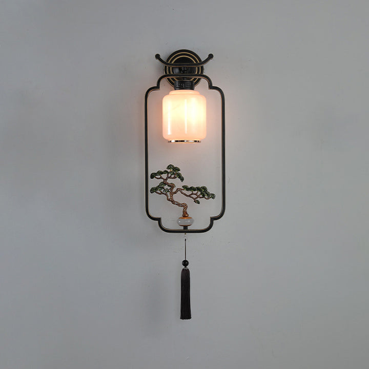 Applique murale en verre à 1 lumière avec pin de bienvenue chinois traditionnel et cerf sika en fer pour salon 