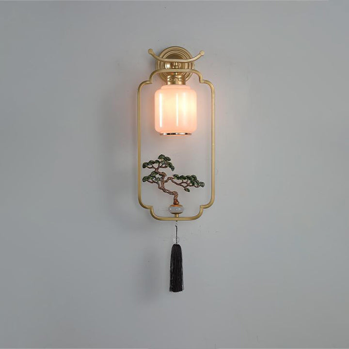 Applique murale en verre à 1 lumière avec pin de bienvenue chinois traditionnel et cerf sika en fer pour salon 