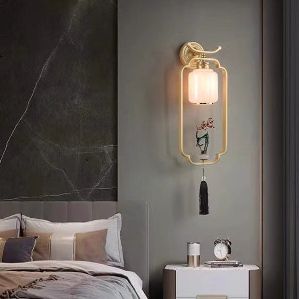 Applique murale en verre à 1 lumière avec pin de bienvenue chinois traditionnel et cerf sika en fer pour salon 