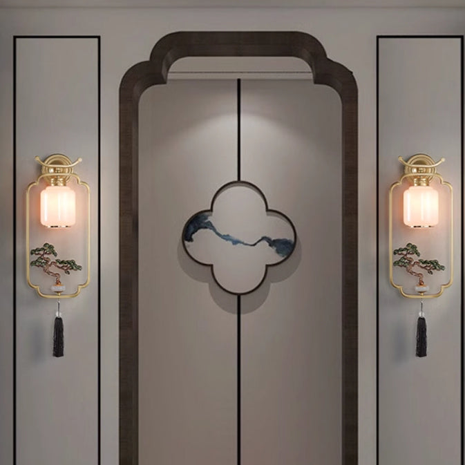 Applique murale en verre à 1 lumière avec pin de bienvenue chinois traditionnel et cerf sika en fer pour salon 