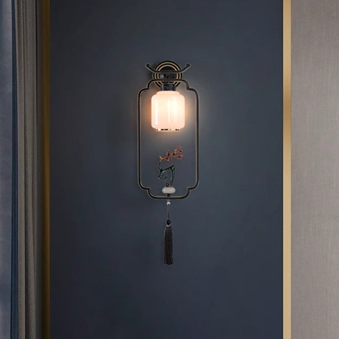 Applique murale en verre à 1 lumière avec pin de bienvenue chinois traditionnel et cerf sika en fer pour salon 