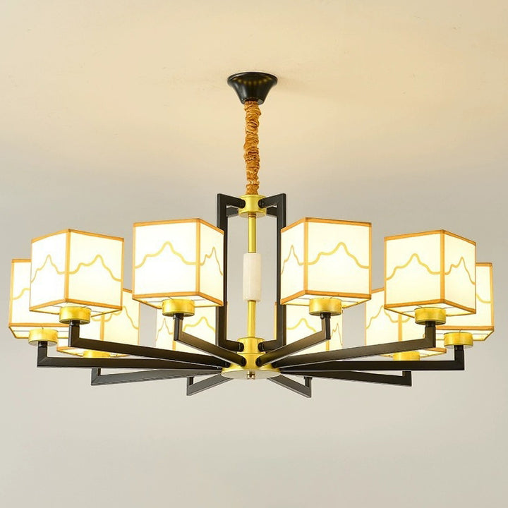 Traditional Chinese Square Pattern Fabric Lampshade Iron 6/8/10/15 - Light Chandeliers For Living Room