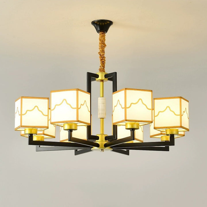 Traditional Chinese Square Pattern Fabric Lampshade Iron 6/8/10/15 - Light Chandeliers For Living Room
