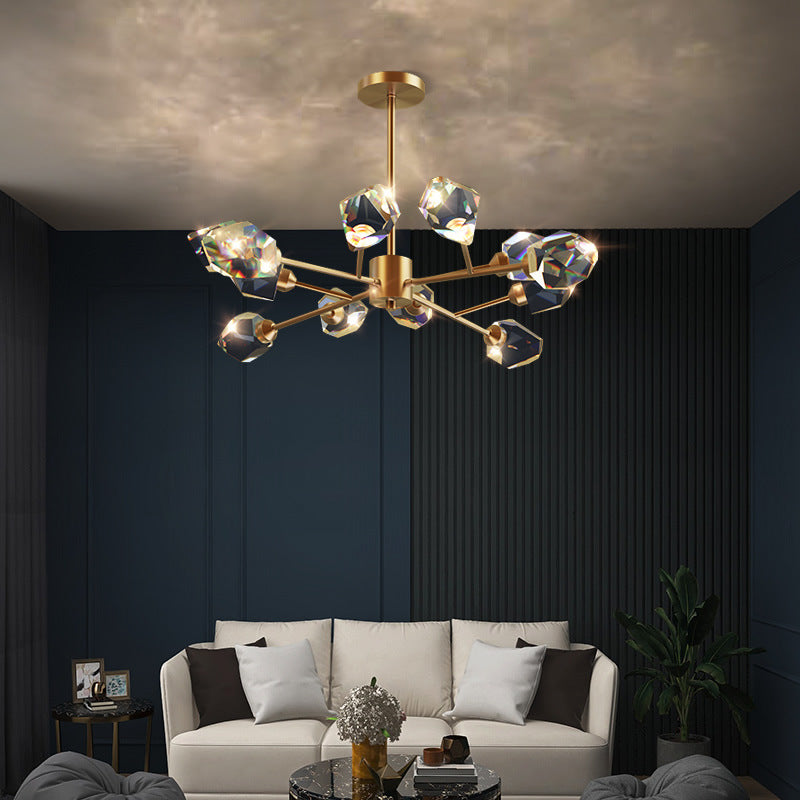 Lustre à LED en cuivre avec blocs de cristal irréguliers pour salon 