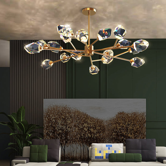Lustre à LED en cuivre avec blocs de cristal irréguliers pour salon 