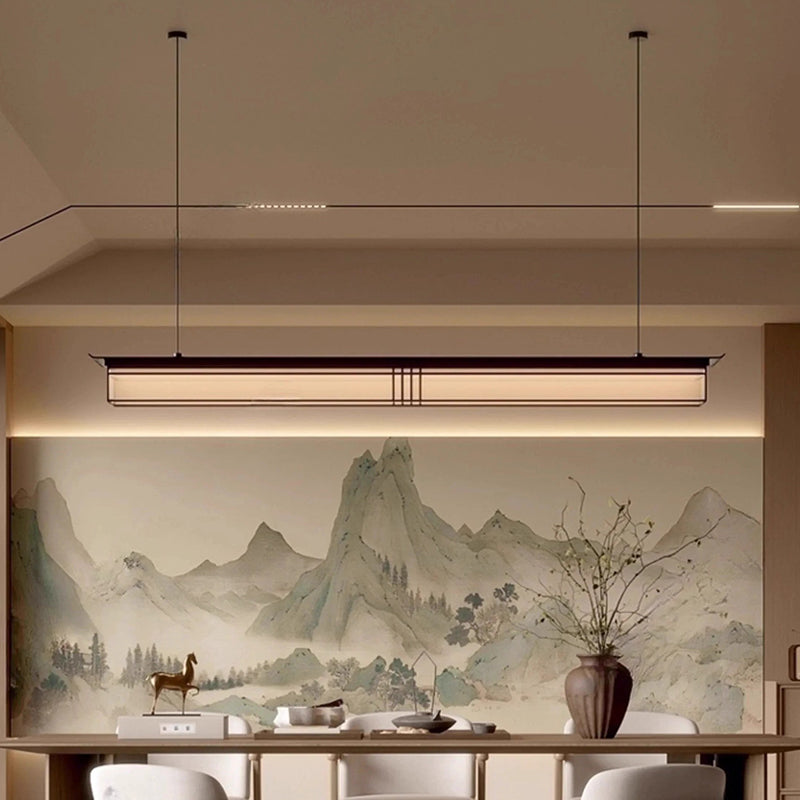 Traditional Chinese Long Strip Acrylic Lampshade Aluminum Iron LED Chandeliers Island Light For Dining Room