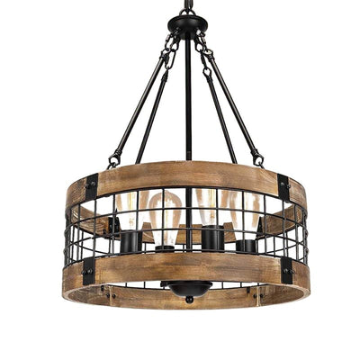 Lustre traditionnel rustique en forme de cage à oiseaux cylindrique en bois et fer à 4 lumières pour salle à manger 