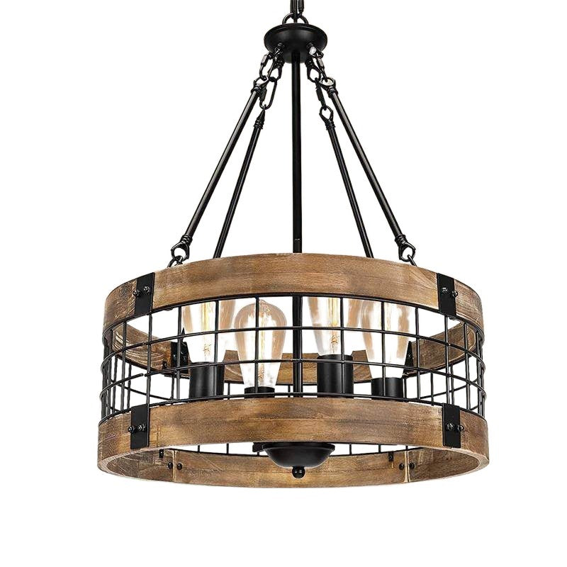 Lustre traditionnel rustique en forme de cage à oiseaux cylindrique en bois et fer à 4 lumières pour salle à manger 