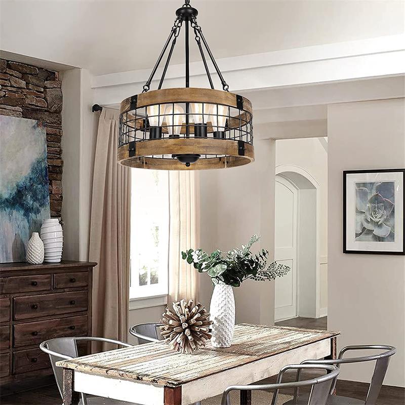 Lustre traditionnel rustique en forme de cage à oiseaux cylindrique en bois et fer à 4 lumières pour salle à manger 