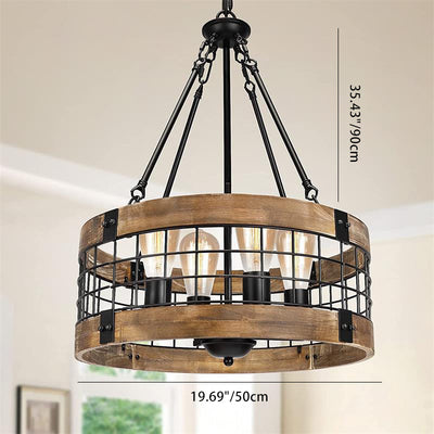Lustre traditionnel rustique en forme de cage à oiseaux cylindrique en bois et fer à 4 lumières pour salle à manger 
