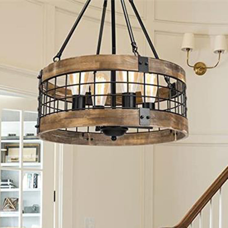 Lustre traditionnel rustique en forme de cage à oiseaux cylindrique en bois et fer à 4 lumières pour salle à manger 