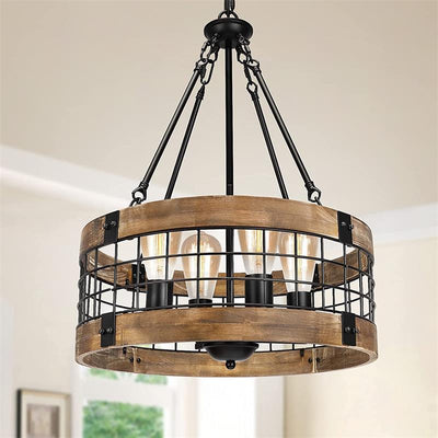 Lustre traditionnel rustique en forme de cage à oiseaux cylindrique en bois et fer à 4 lumières pour salle à manger 