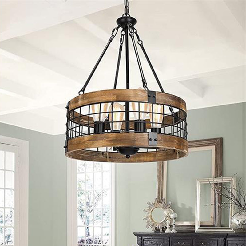 Lustre traditionnel rustique en forme de cage à oiseaux cylindrique en bois et fer à 4 lumières pour salle à manger 
