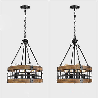 Lustre traditionnel rustique en forme de cage à oiseaux cylindrique en bois et fer à 4 lumières pour salle à manger 
