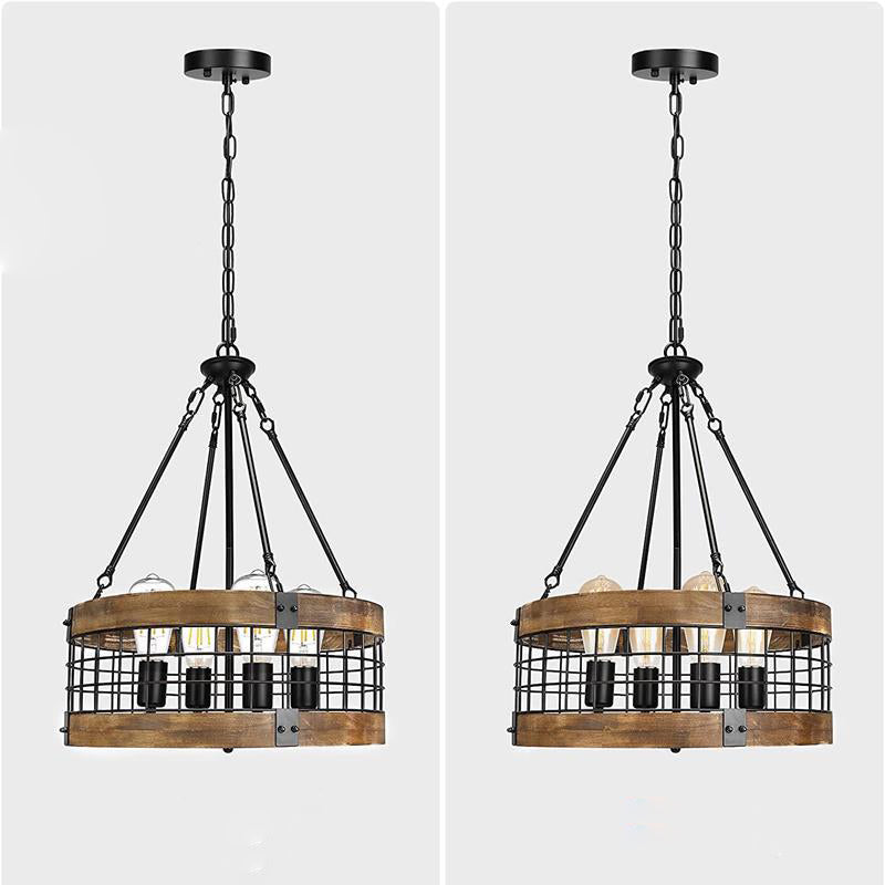 Lustre traditionnel rustique en forme de cage à oiseaux cylindrique en bois et fer à 4 lumières pour salle à manger 