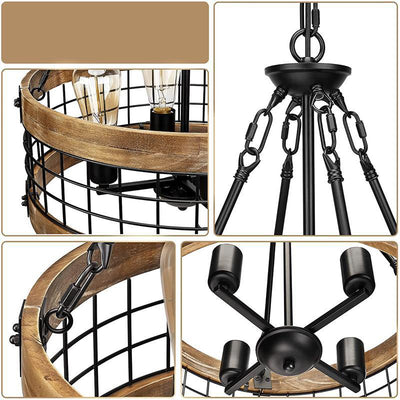 Lustre traditionnel rustique en forme de cage à oiseaux cylindrique en bois et fer à 4 lumières pour salle à manger 