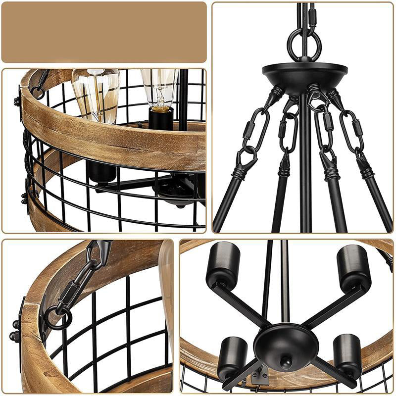 Lustre traditionnel rustique en forme de cage à oiseaux cylindrique en bois et fer à 4 lumières pour salle à manger 