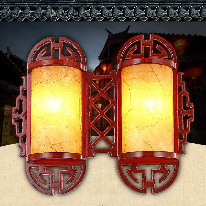 Traditioneller chinesischer Zylinder Imitation Schaffell Lampenschirm Holz 1/2 - Licht Wandleuchte für Schlafzimmer 