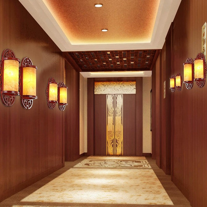 Traditioneller chinesischer Zylinder Imitation Schaffell Lampenschirm Holz 1/2 - Licht Wandleuchte für Schlafzimmer 
