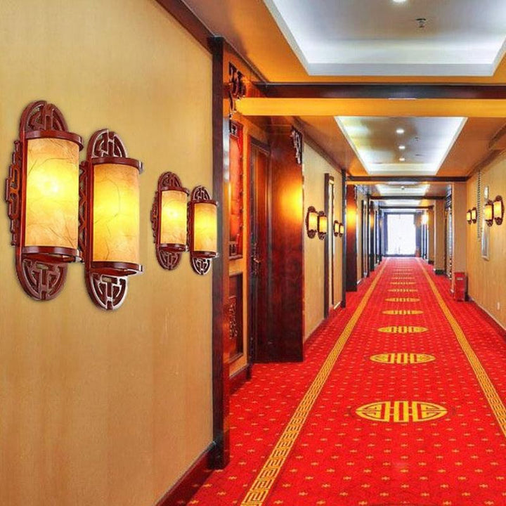 Traditioneller chinesischer Zylinder Imitation Schaffell Lampenschirm Holz 1/2 - Licht Wandleuchte für Schlafzimmer 
