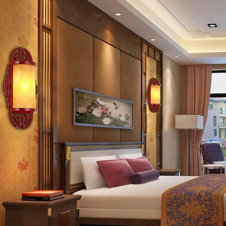 Traditioneller chinesischer Zylinder Imitation Schaffell Lampenschirm Holz 1/2 - Licht Wandleuchte für Schlafzimmer 
