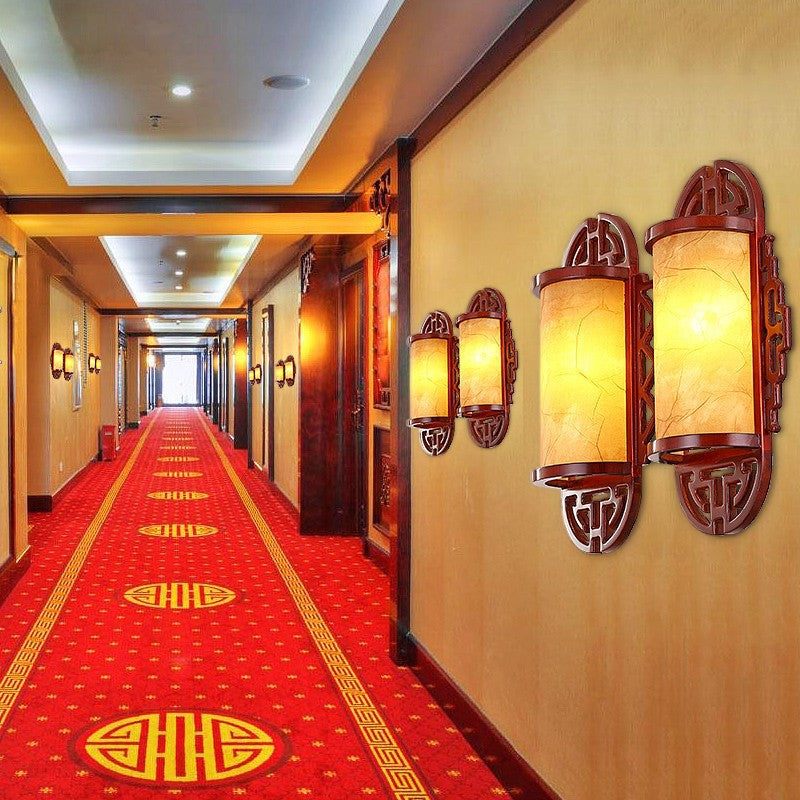 Traditioneller chinesischer Zylinder Imitation Schaffell Lampenschirm Holz 1/2 - Licht Wandleuchte für Schlafzimmer 