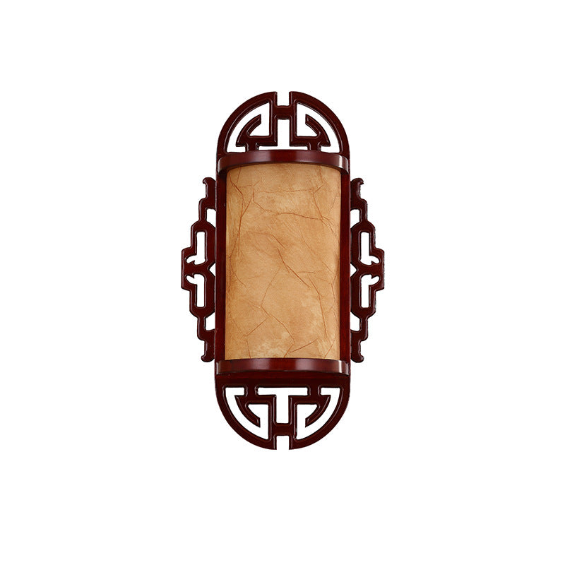 Traditioneller chinesischer Zylinder Imitation Schaffell Lampenschirm Holz 1/2 - Licht Wandleuchte für Schlafzimmer 
