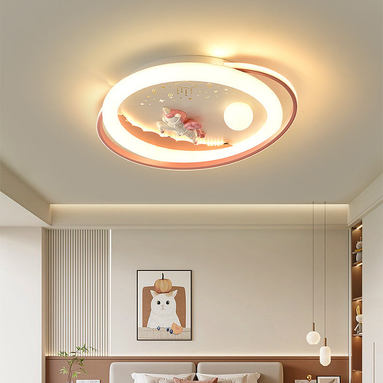 Lustre Plafonnier LED en Résine Acrylique Fer Rond Fusée Astronaute Licorne Créative Contemporaine pour Chambre 