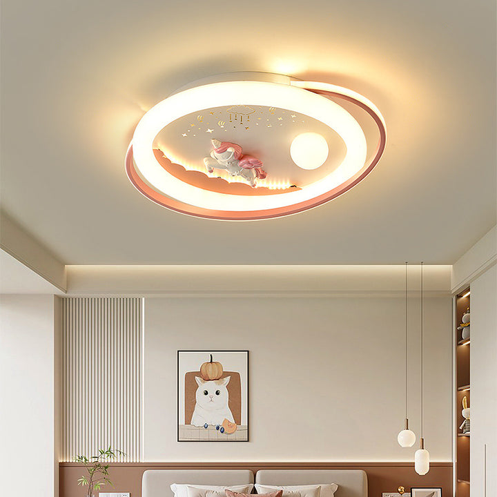 Lustre Plafonnier LED en Résine Acrylique Fer Rond Fusée Astronaute Licorne Créative Contemporaine pour Chambre 